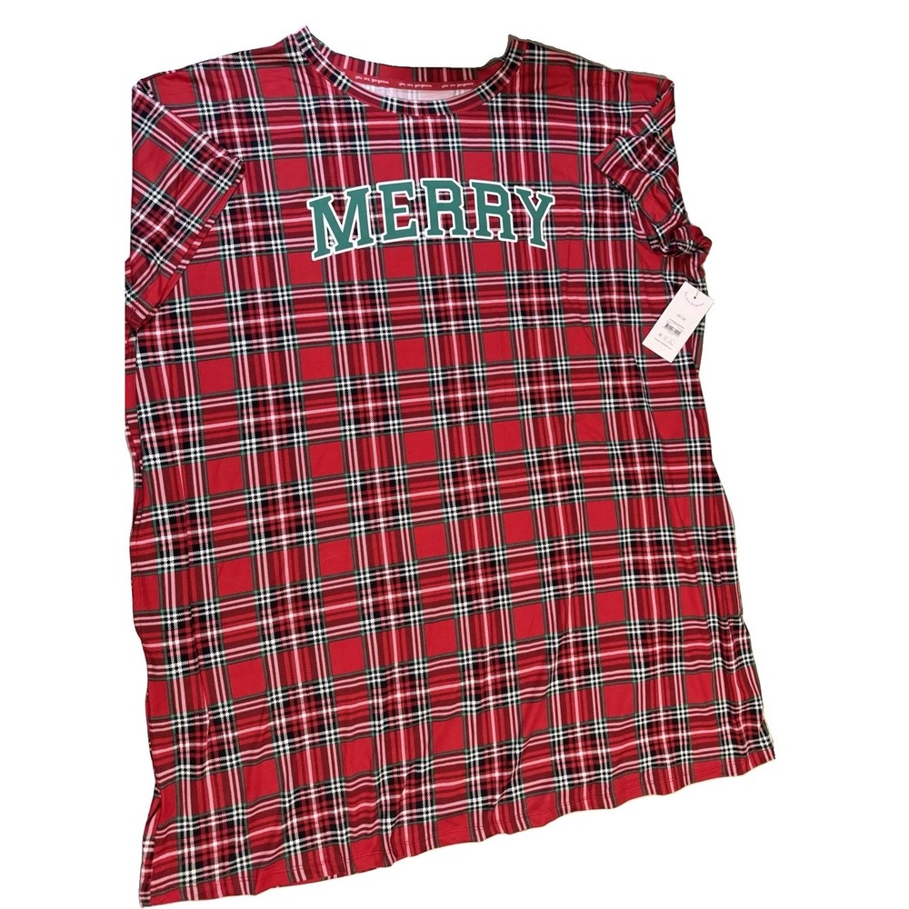 L021-JoySpun Womens Christmas Sleep Shirt Merry Red Plaid Short Sleeve 2X 3X